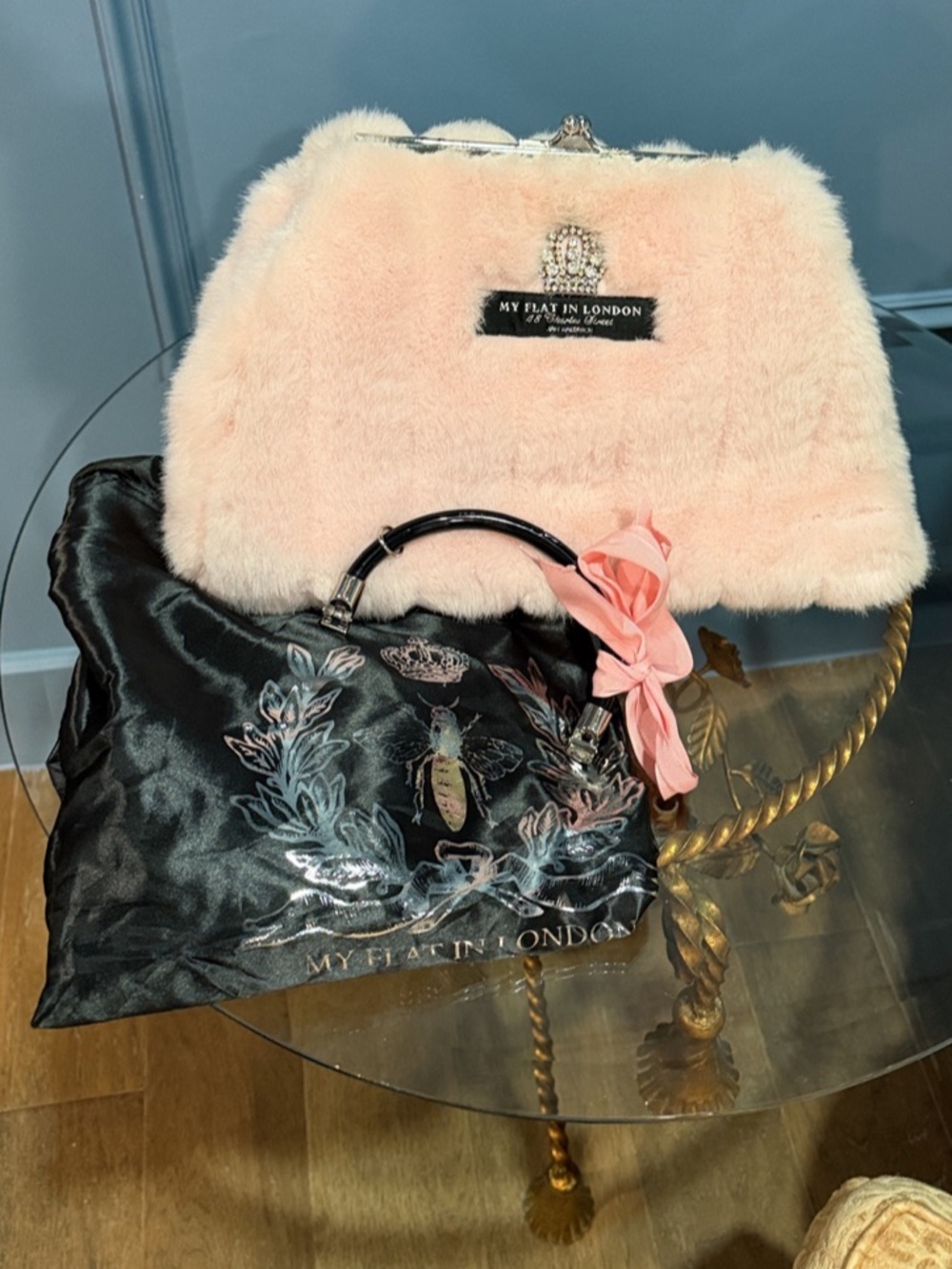 My Flat in London Pale Pink Faux-Fur Top-Handle Bag with Bow Accent